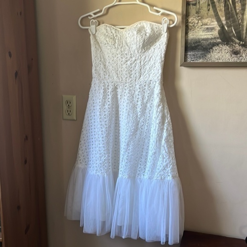 Anna Sui White Strapless Floral Eyelet Dress Fairy Tulle Trim Size 4